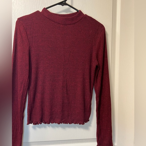 Ambiance Clothing Ribbed Mock Neck Lettuce Edge Detail Sweater Long Sleeve Shirt - Picture 2 of 3